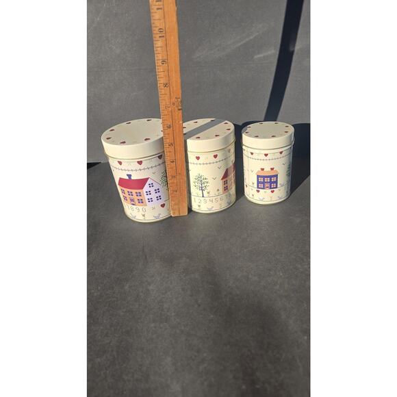 Country Farmhouse House Heart Tin Canister Set 3 Round Kitchen Storage Decor - Picture 7 of 7